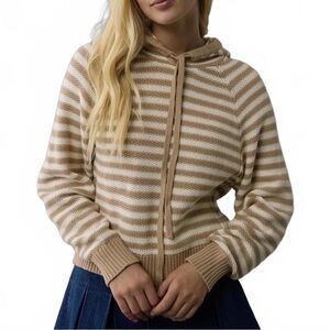 American Eagle Cropped Cotton Tan and White Striped Hoodie Sweater